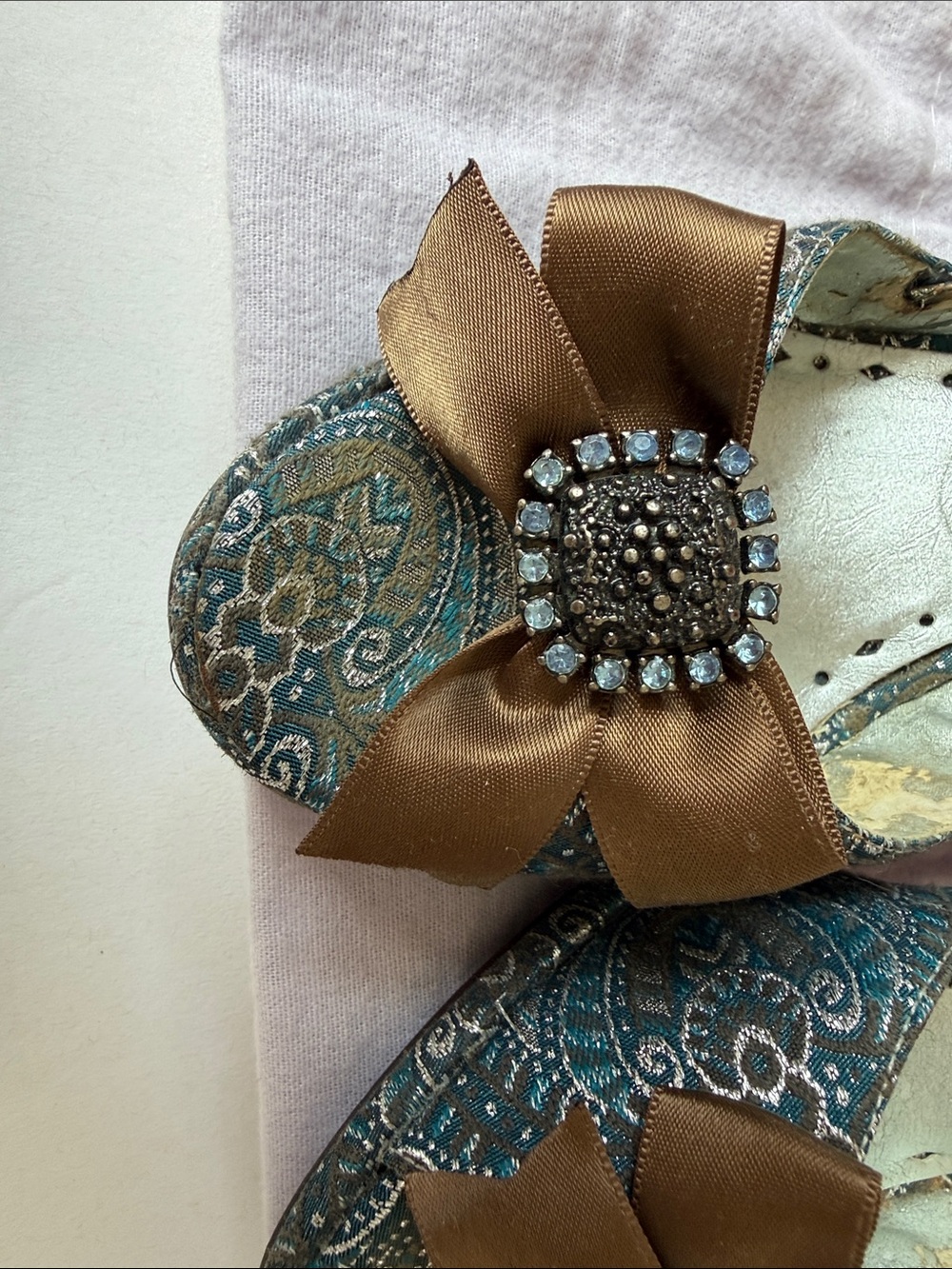 BCBGirls Blue Paisley Bow Heels with Brown Satin Accent - Picture 4 of 4